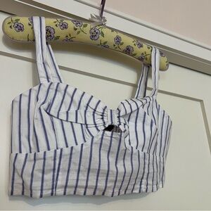 Forever 21 White and Blue Crop Top with Cut Out and Tie Front